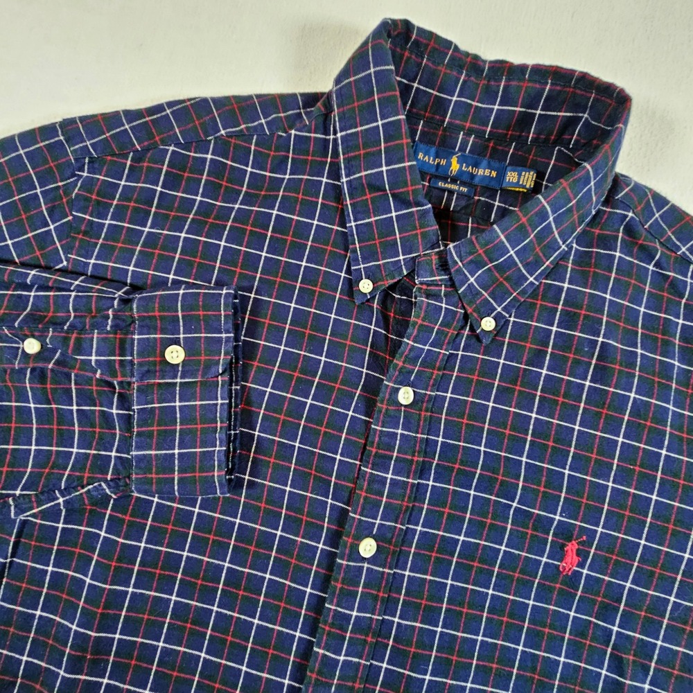 Ralph Lauren Button Down Shirt Mens XXL Blue Green Red Plaid Classic Fit Long